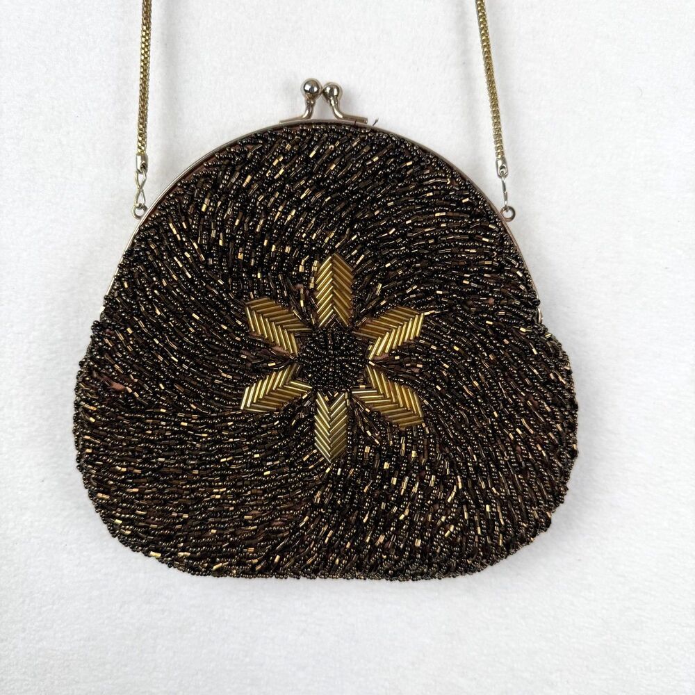 Vtg Walborg Beaded Clamshell Evening Purse Bronze Gold Glass Seed Bead Bag 70s